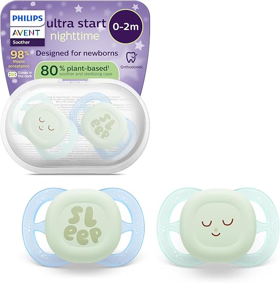 Philips Avent Ultra Start Nighttime Soothers - Orthodontic Design, for Newborns, Glow in The Dark, Soft Silicone Symmetrical Teat, BPA-Free, with Sterilizing Case, 2 Pack, SCF075/18