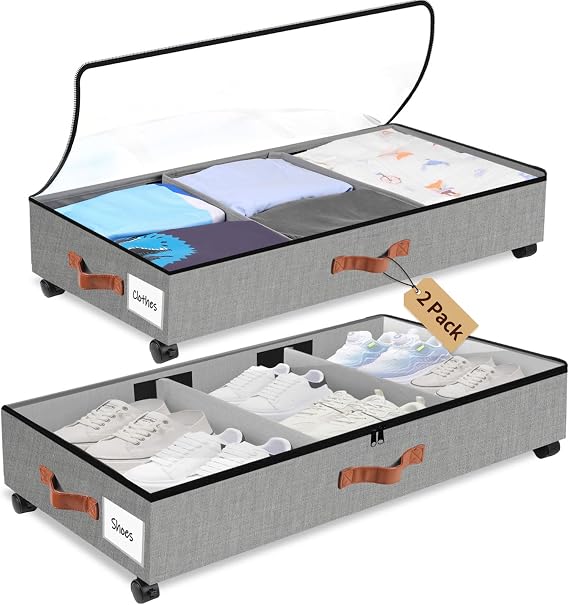 Underbed Storage Box with Wheels Pack of 2 Underbed Storage Box with Clear Lid Zip Adjustable Divider Shoe Storage Underbed Box for Shoes Clothes Toys Grey