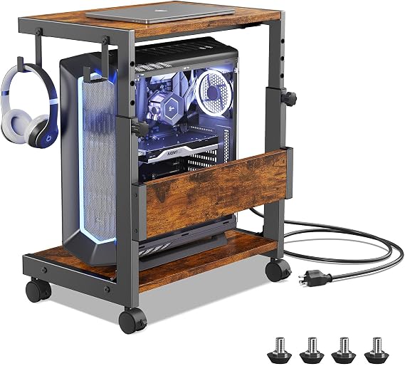 Computer Tower Stand, Height Adjustable from 44 to 59.5cm | 2-Tier PC Stand with Wheels & 2 Hooks, CPU Holder Cart, PC Trolley for Gaming Home Office ATX Case, Small Brown