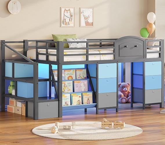 VIAGDO Low Loft Bed Twin Size with 9 Storage Drawers, Bookcase and LED Lights, Metal Kids Loft Bed with Wide Staircase, Open Shelves and Safety Guardrail, Twin Loft Bed with Under-Bed Playhouse, Grey