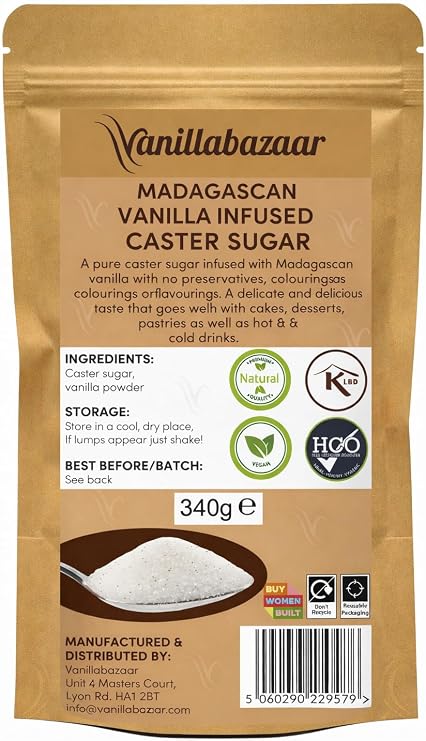 Madagascan Vanilla Infused Caster Sugar – 340g Resealable Pouch | Fine Vanilla Sugar for Baking, Drinks & Desserts | 100% Natural | Sugar Infused with Real Madagascan Vanilla Powder | Vanillabazaar