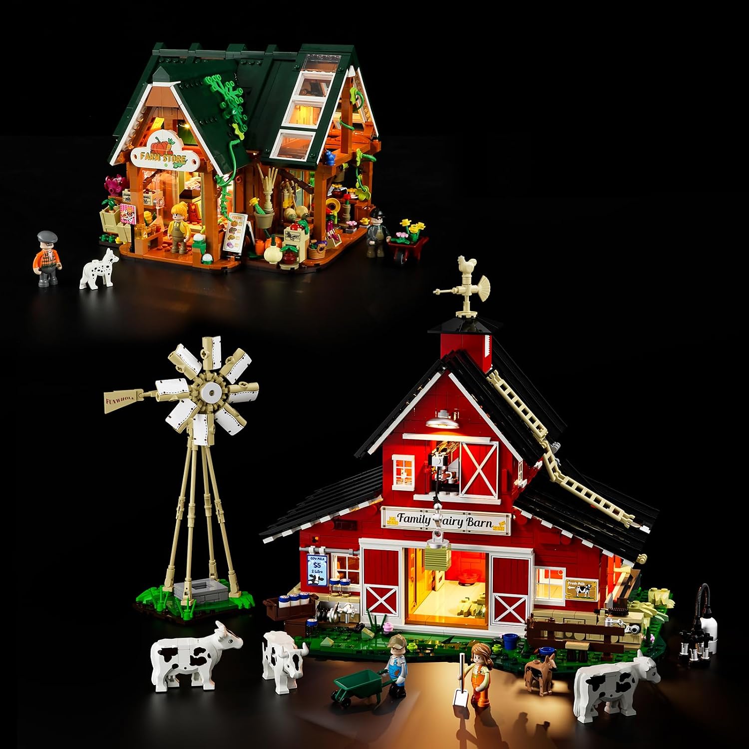 FUNWHOLE Farm Cow-Barn and Farm-Store Lighting Building-Bricks Set