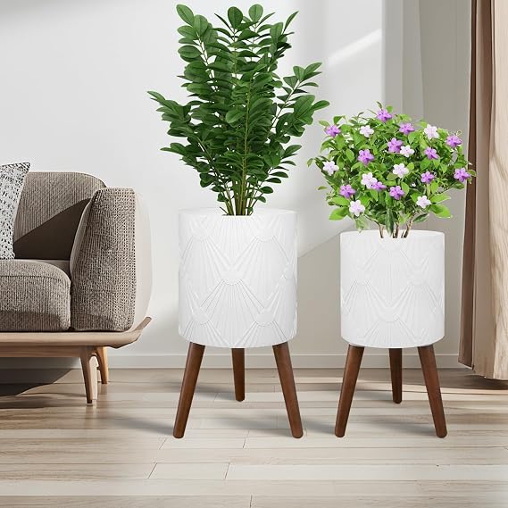 Plant Pot with Stand, Large Planters for Indoor Plants, Modern Standing Round Flower Pots Indoor with Wood Planter Holder, White Maple Leaf Pattern, 2 PCS (10 inch+12 inch)