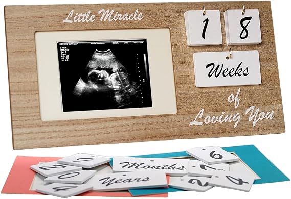 Brown Ultrasound Sonogram Picture Frame with Milestone Tracker Elegant Wooden Keepsake for Expecting Parents Nursery Decor Gift for New Moms Countdown Tiles Included 12" x 6" Design