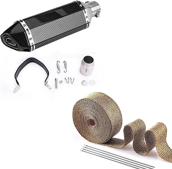 Exhaust Muffler Carbon Fiber 1.5-2"Inlet with Removable DB Killer and Titanium Exhaust Wrap 1" x 16' Roll for Street/Sport Motorcycles and Scooters with 38-51mm Diameter Exhaust Pipes