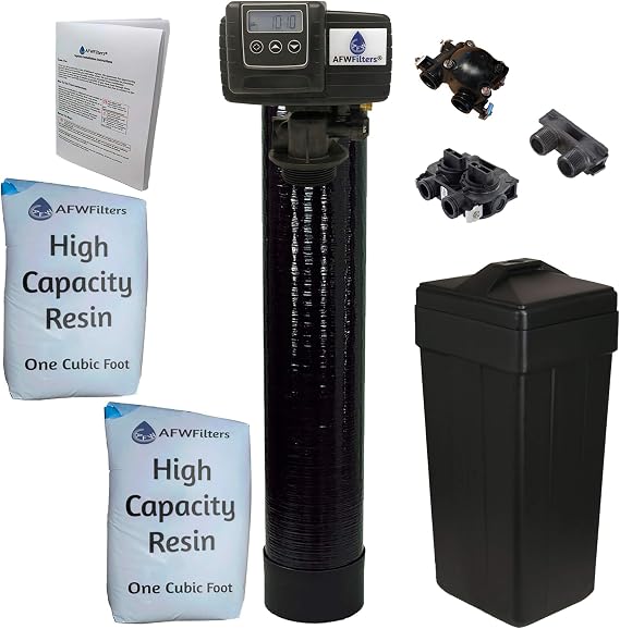 AFWFilters Whole House Water Softener System - Fleck 5600sxt Digital Meter with 64,000 Grain, Includes Bypass Valve & Brine Tank with Safety Float