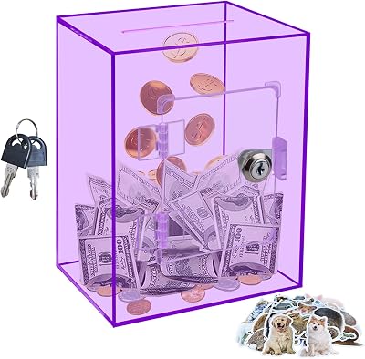 Totola Large Clear Acrylic Piggy Bank with Key for Adults Kids, Transparent Money Box for Cash Savings, Openable and Reusable Coin Bank Change Jar for Real Money, Ideal Gift for All Ages Purple