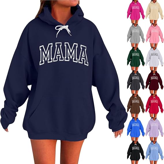 Oversized Hoodies for Women Mama Graphic Sweatshirts Casual Long Sleeve Pullover Tops Hooded Sweatshirt with Pocket