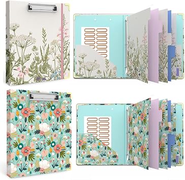 3 Ring Binder 1 Inch, Cute Round Ring Binders with 6 Tab Dividers, Labels Stickers, Low Profile Clipboard with Storage, Fashion Binder School Office Supplies(Garden Flowers+Green Floral)
