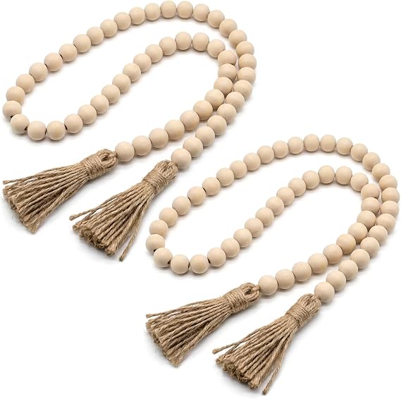 RAINFLOW 2 Pack Wood Bead Garland with Tassels - 50 Inches Wooden Beads