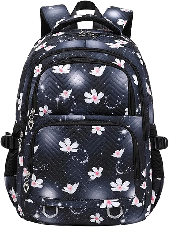 JiaYou Girls Cherry Blossom backpack lightweight with a large capacity, perfect for elementary and middle school(Black,25 Liters)