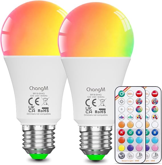 ChangM Light Bulb with Remote Control 12W E27 Coloured Light Bulbs Pack of