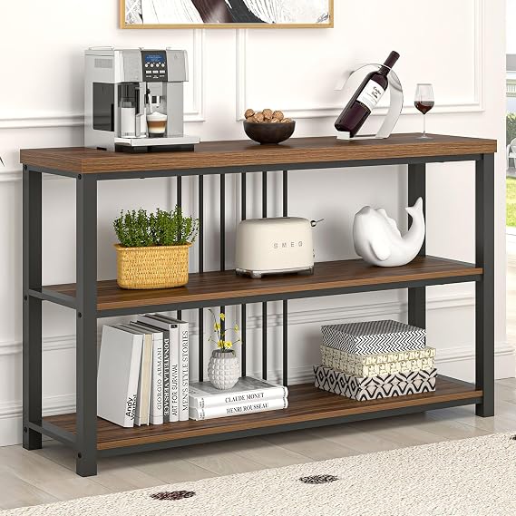 Console Table for Entryway, Narrow Sofa Table with 3 Tier Storage Shelf for Living Room Hallway Behind Couch, Rustic Walnut