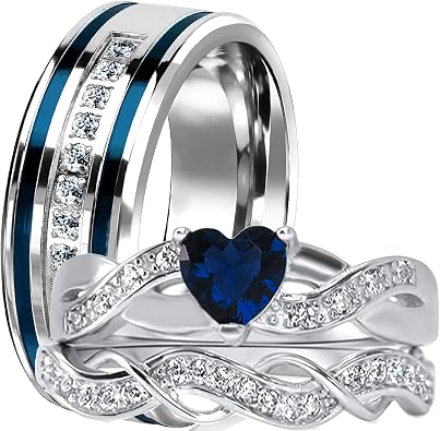 LaRaso & Co His and Hers 3 Piece Trio Sterling Silver Blue Wedding Band Engagement Ring Set