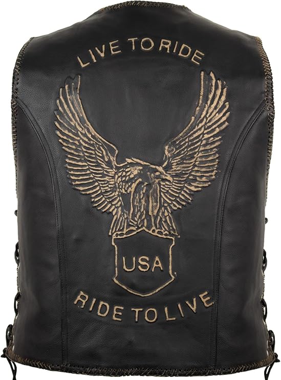 Men's motorcycle leather vest with an eagle embossing (5XL)