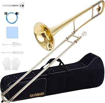 Eavnbaek Bb Tenor Slide Trombone for Students Beginners, B Flat Brass Plated Trombone Instrument with Hard Case Mouthpiece White Gloves and Cleaning Kit (Gold)