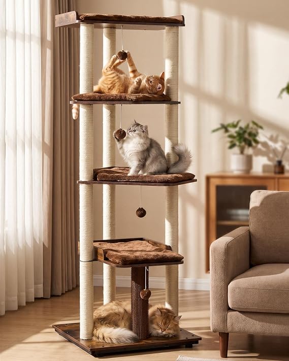 FourFurPets 67.7" Wooden Cat Tree for Large Cats, Multi-Level Cat Tower