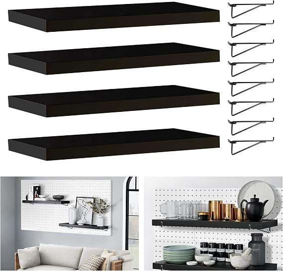 HJW Pegboard Shelf Black, 4 Pack Wooden Pegboard Shelves with Metal Pegboard Shelf Brackets Pegboard Hooks, for Craft Room, Home, Kitchen, Garage
