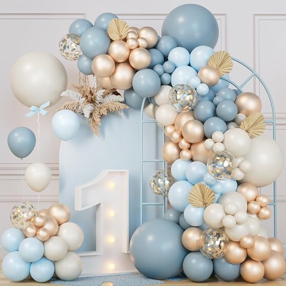 151Pcs Dusty Baby Blue Balloon Arch Garland Kit,Slate Fog Baby Blue Sand White Metallic Gold Dusty Balloons for Men Boy Baby Shower Bridal Shower Birthday Party Decorations