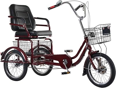 Adult Cruiser Tricycle, Adjustable Seat with Backrest, Senior Tricycle, Cargo Basket and Comfortable Seat for People Shopping, Picnic, Outdoor Sports,Red,18 inches
