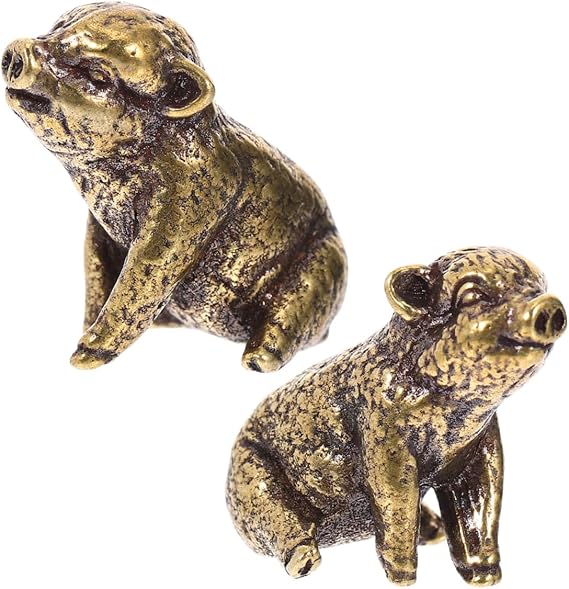 2pcs Vintage Pig Ornaments Brass Pig Figurine Small Piggy Statues for Office Home Decor Miniature Desktop Animal Sculptures Chinese Zodiac Statues