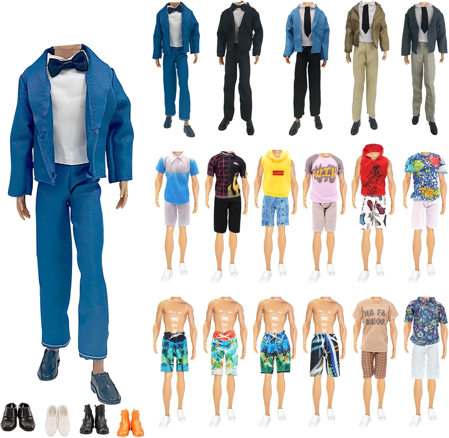 12 Pcs Doll Clothes and Shoes for Boy Dolls, 2 Sets Suit 2 Short Sleeves 2 Shorts 2 Beach Pants 4 Shoes, Fashion Casual Outfits for 11 inch Boy Dolls Brithday Gift, in Random