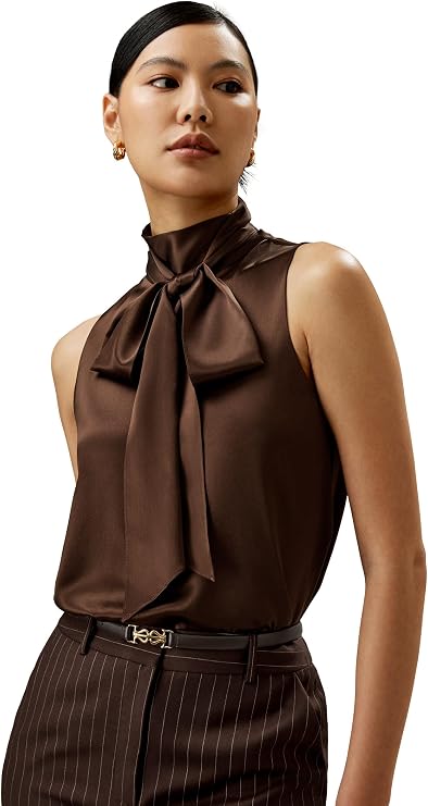 LilySilk Womens Pure Silk Blouse Ladies Sleeveless Relaxed Fit Shirt with Self-tie Neck Versatile Top Easy to Pair with