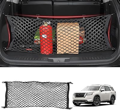 Karltys Envelope Style Cargo Net for Nissan Pathfinder 2022-2024 2025 2026, Highly Elastic Pathfinder Rear Trunk Cargo Net, Heavy Duty Nylon Mesh Storage Netting Organizer with Durable Hooks