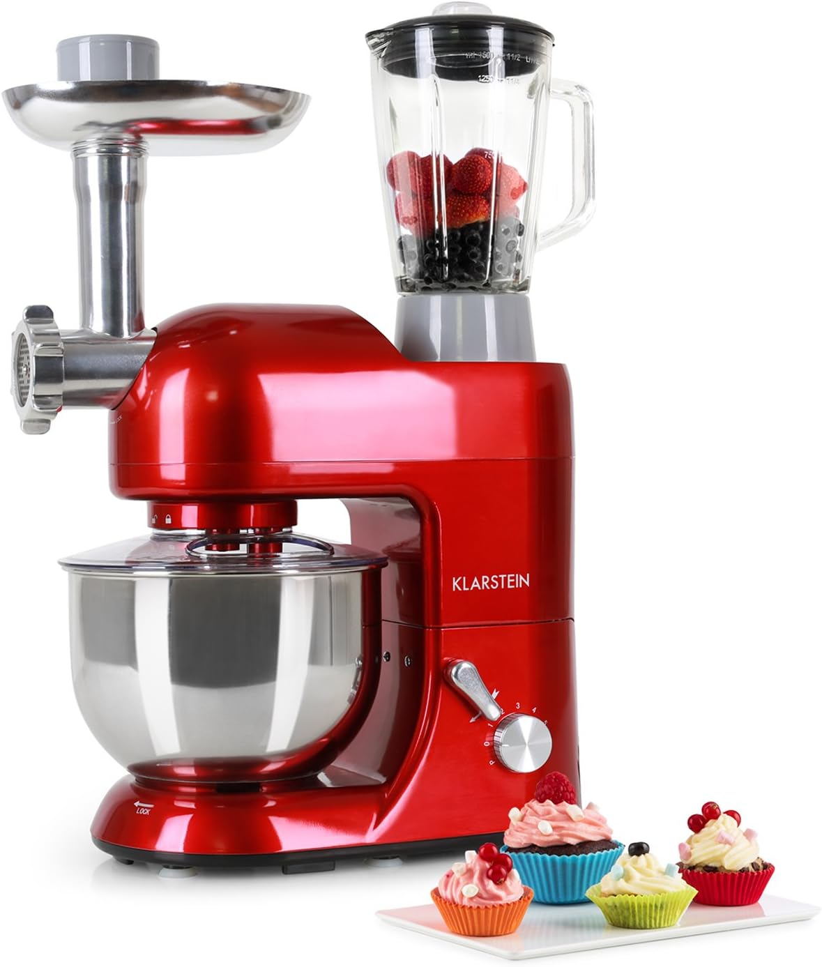 KLARSTEIN Lucia Rossa Electric Food Processor, Stand Mixer, Mixing Machine, 650 Watts, 5.3 qt. Bowl and 1.3 qt. Mixing Glass, With Meat Mincer and Mixer Attachments Adjustable Speed