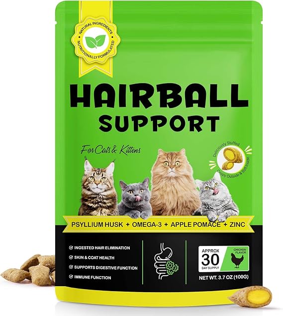 Hairball Treatment for Cats, Cat Treats Hairball Remedy Crunchy & Creamy Chews Supports Skin & Coat, Vitamins for Digestion, Chicken (30-Day Supply)
