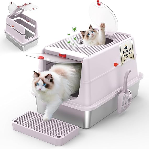 Stainless Steel Cat Litter Box with Lid, 160 Flip Top Kitty Litterbox, XL High Sided Enclosure Litter Pan for Big Cats, Front & Top Entry, Anti-Leakage, Odor-Free, Includes Scoop Mat, Purple Pink