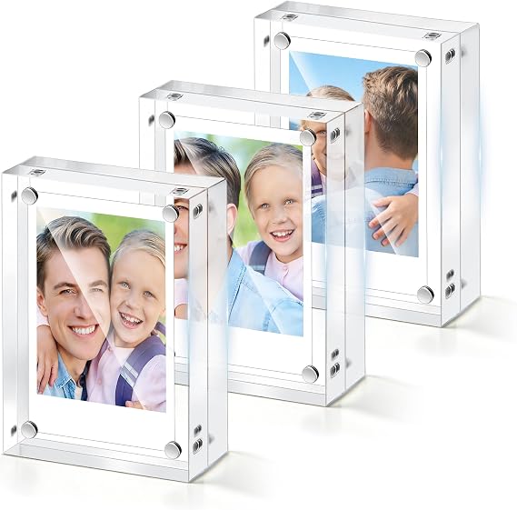 3 Pack Magnetic Acrylic Polaroid Picture Frame, 2.5x3.5 Inch &10+10 mm Thick Block Wallet Size Mini Photo Frames, Crystal Clear Freestanding Display for Instax Mini Photos, Double Sided Tabletop Display