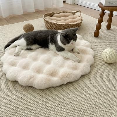 Fluffy Round Cat Bed Mat, Ultra Soft Faux Fur Pet Cushion & Warm Flat Pad for Indoor Cats and Small Dogs, Cozy Winter Cat Couch Bed for Crate, Kennel, Window Sill Beige, 27.6inch