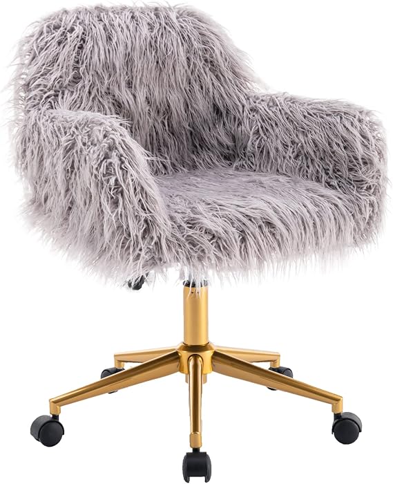 KCC Fluffy Desk Chair, Faux Fur Modern Swivel Armchair with Wheels,Gray | Home Office Chair Soft Comfy Fuzzy Elegant Accent Makeup Vanity Chairs for Women Girls,Living Room Dressing Room Bedroom
