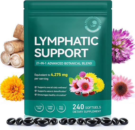 Lymphatic Drainage Supplement, Lymph System Support Supplement, 240 Softgels, 21-in-1 Natural Herbal Blends with Echinacea, Burdock Root for Lymph System, Immune Support, Less Swelling/Bloating