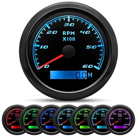 Tachometer Gauge 7 Color 0-6000 RPM Tacho Meter 85mm 3 3/8" for Auto Boat Marine Vehicle for 1-10 Cylinder Diesel and Gasoline Engine(Black)