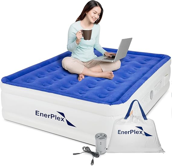 EnerPlex Queen Air Mattress with Pump - Double Height, Portable, Inflatable Blow Up Mattress with Detachable Electric Pump for Camping & Home - Easy to Inflate Air Bed w/Deflation Outlet - Blue