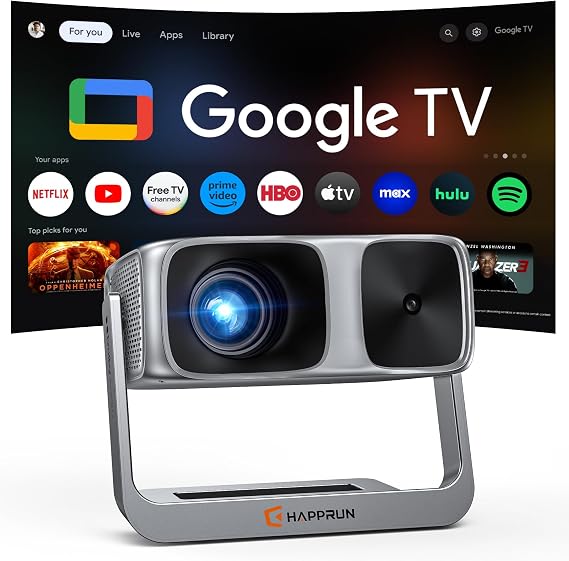 HAPPRUN 2000 ANSI Outdoor Projector with Official Google TV, 4K Decoding | Dolby Audio, 10K+ Apps, AI Auto Focus, 270 Stand,Smart Projector with WiFi and Bluetooth, Movie Projector for Indoor/Outdoor