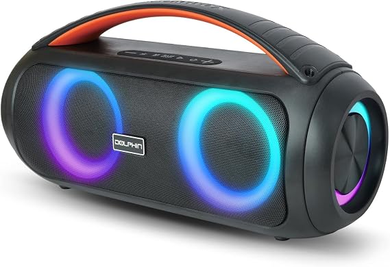 Dolphin LX-220 Boombox Bluetooth Speaker | Loud & Crisp Sound - IPX5 Waterproof with Long-Lasting Battery & Party Ring Lights for Gym, Outdoors, Shower, Beach, Pool, Portable, Rechargeable