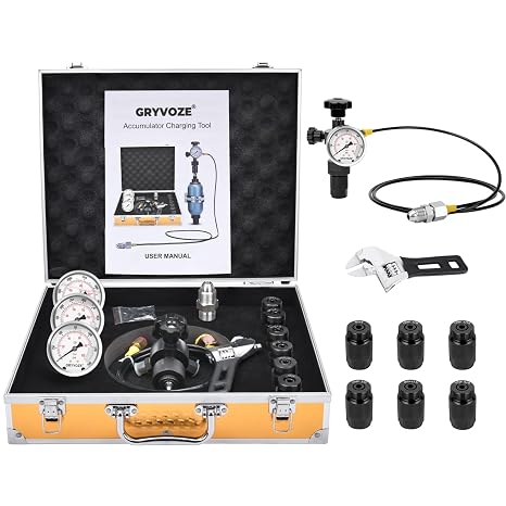 Hydraulic Nitrogen Accumulator Charging Kit Nitrogen Charge Kit Pro | 3 Gauges & 8 Adapters, Wrench-Friendly, CGA580 & G5/8 Compatible, for Nitrogen Filling and Pressure Testing, Aluminum case