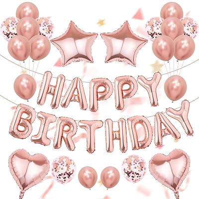 52 Pcs Rose Gold Birthday Decorations, Rose Gold Balloons Happy Birthday Banner with 18 Inch Heart Star Confetti Balloons Suitable for Kids, Girls and Women Birthday Party Decorations Supplies
