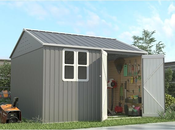 BIRCHTREE Garden Shed Steel Apex Roof House Outdoor Backyard Storage With Lockable Double Doors Window Free Foundation Tool Equipment Organizer Air Vents 10x8FT Grey