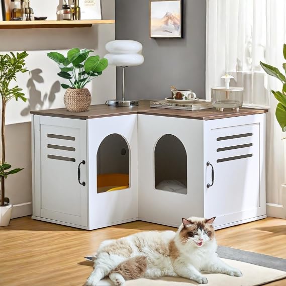 31.5in Corner Cat Litter Box Enclosure with Double Room, White