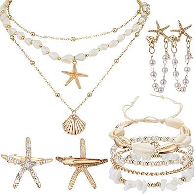 Tondiamo 11 Pcs Mermaid Jewelry Accessories for Women with Seashell Starfish Necklace Earrings Ankle Bracelet Hair Clips Set