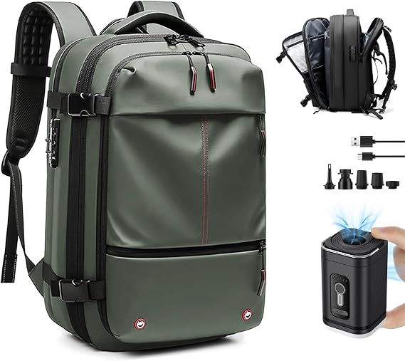Vacpack Backpack, Backpack with Pump, 60L Expandable Backpack with Vacuum Compression, Waterproof and Anti-Theft Air Vacuum Backpack for Travel (Green, With Air Pump)