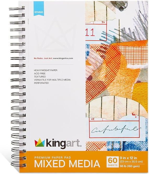 KINGART Mixed Media Paper Pad 9x12 Inch, 1-Pack 60 Sheets (98 lb / 160 GSM), Heavyweight Textured Acid-Free Paper Spiral-Bound Sketchbook