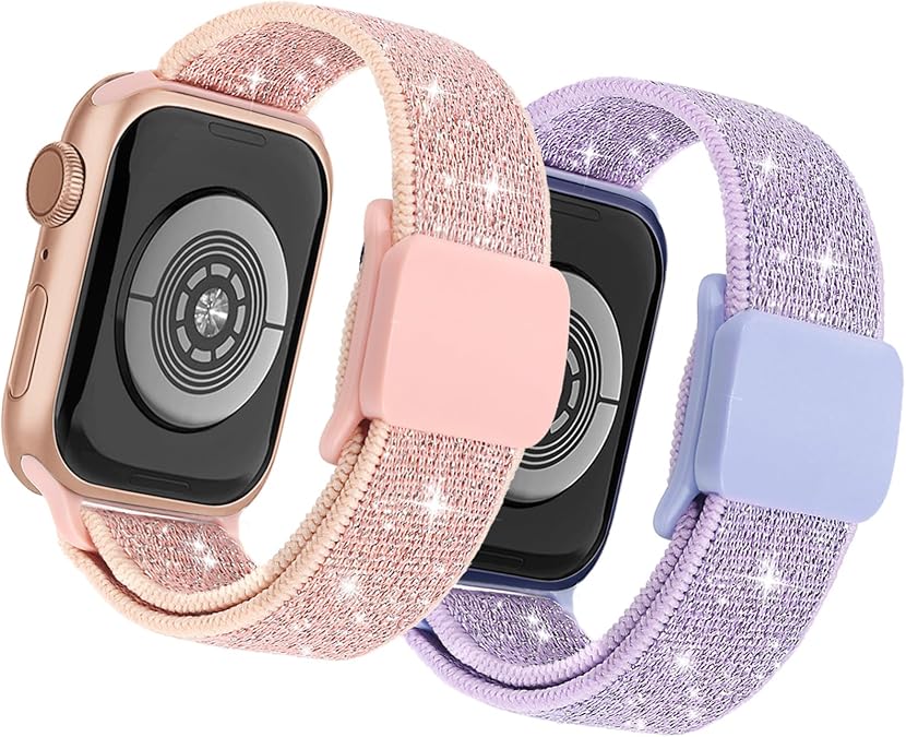 2 Pack Stretchy Bands Compatible with Kids Apple Watch Band | Soft Elastic Glitter Strap for iWatch Series 10 9 8 7 6 5 4 3 SE SE2 SE3 38/40/41/42/44/45/46/49mm for Girls Boys