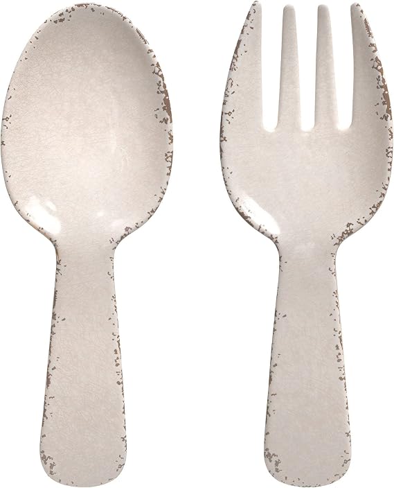 Crackle Melamine Salad Servers, Serving Utensil Set, Includes Serving Fork and Spoon for Tossing Salad, Pasta, Cream, 10.75 Inch, Set of 2