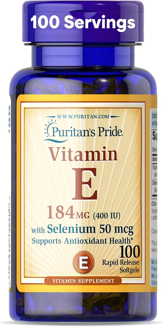 Puritan's Pride Vitamin E 184mg (400 IU) with Selenium 50mcg, 100 Softgels