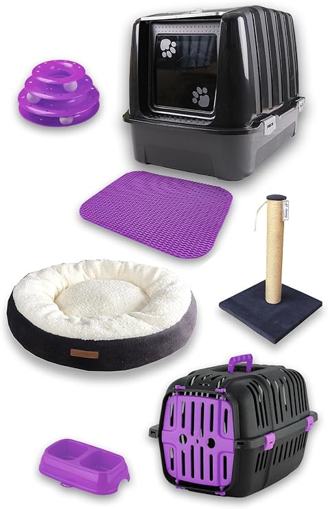 Premium kedi başlangıç seti - Lüks kapalı kedi tuvaleti, taşıma sepeti, yatak, tırmalama, 3 katlı oyuncak, paspas, mama kabı, kürek - LKT2
